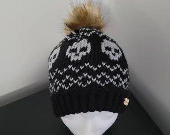 Longretve Skull Knit Brown Pom Pom Black Beanie Alpha One Size