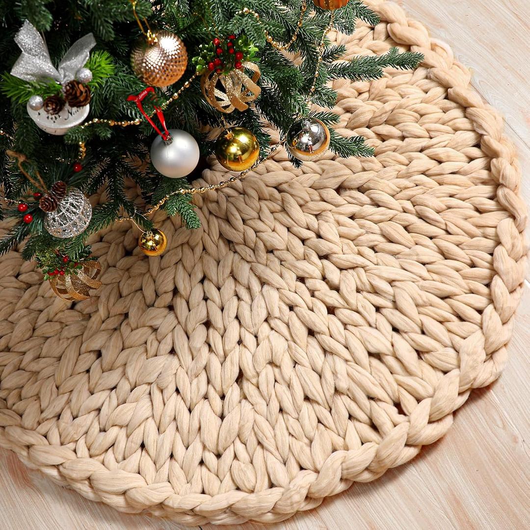 Zomiboo Chunky Knitted Christmas Tree Skirt, 36 Inch Beige Crochet Tree Skirt, Chunky Knit Thick Rustic Christmas Trees Decorations, Farmhouse Xmas Holiday Party Decor