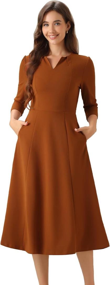 Allegra K Women's 3/ 4 Sleeve Dresses V Neck Pockets Elegant A-Line Midi Dress Work Business Spring Outfits X-Large Caramel