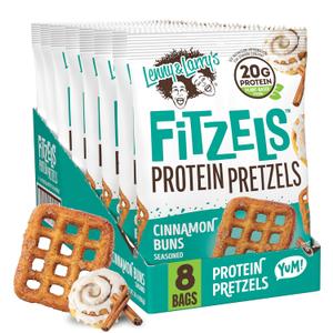 Lenny & Larry's FITZELS Protein Pretzels (Cinnamon Buns) 8 Individual Bags 3 oz Each High Protein Snacks with 20g of Plant Based Protein Healthy Vegan Pretzels Delicious Salty Taste (BB: May 15, 2026)