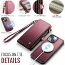 Defencase for iPhone 15 Magnetic Wallet Case Compatible with Magsafe with RFID Blocking Zipper & Card Holder for Women Men, PU Leather Strap Detachable Phone Case for iPhone 15 (6.1 inches), Wine Red