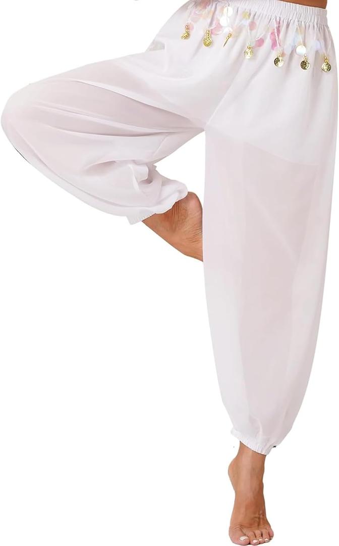 FiwoXam Women's Belly Dance Party Costume Coins Lantern Pants Side Split Sequin Shiny Harem Pants Arabic Halloween Trousers (White, One Size)