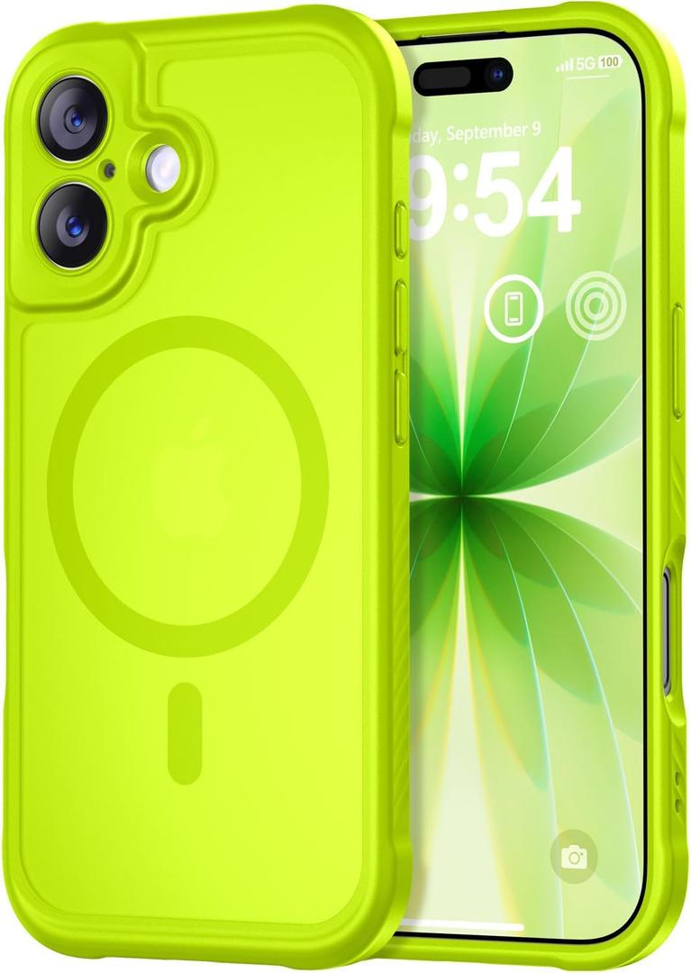 Thomo Magnetic for iPhone 17 Case, [Compatible with Magsafe] [Full Camera Protection] Translucent Matte Military Grade Shockproof with Anti-Fingerprint Phone Cover 2025, Fluorescent Green