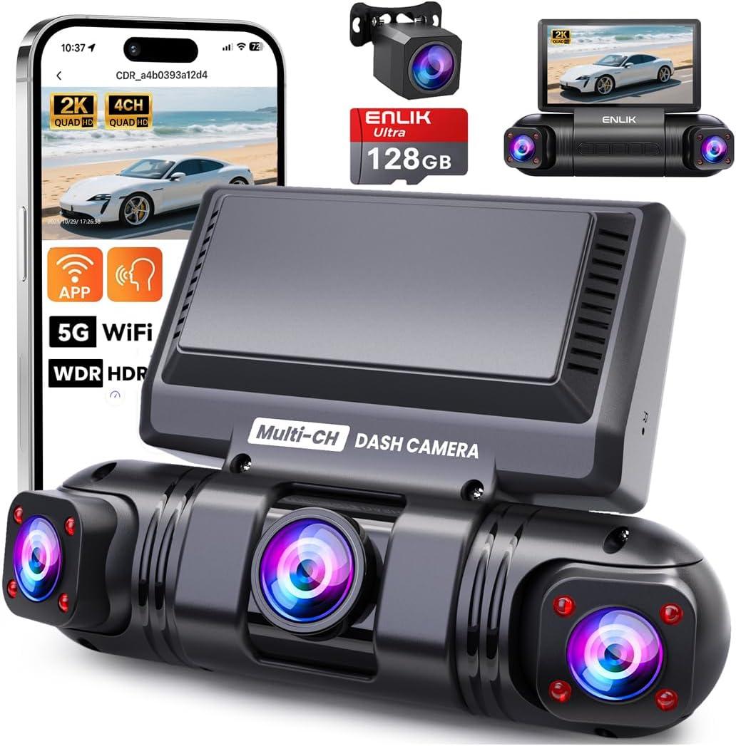 ENLIK Dash Cam Front and Rear 360 Dashcam 4 Channel Car Camera Dash Camera for Cars, QHD 2K+1080P*3 Camara with 128GB Card, 5G WiFi &APP Control, Night Vision/G-Sensor, 168Wide Angle, Parking Mode (Black)