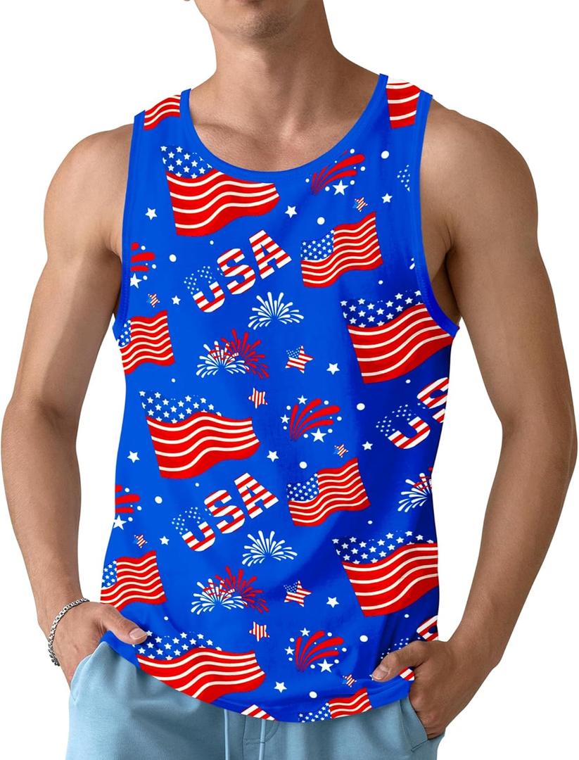 Mens Beach Tank Tops Sleeveless Shirts for Men Summer Hawaiian Graphic Mens Tank Top Workout Gym Shirts Palm Tree Tops (Medium, Blue Flag)