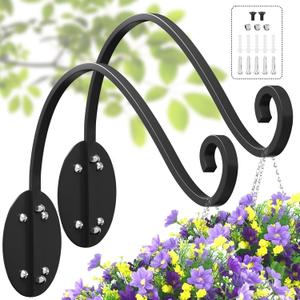Pack of 2 Plant Hangers Outdoor - 16 Inch Hanging Plant Hooks and Bird Feeder Hanger, Hand-Forged Plant Wall Hanger, Metal Black Plant Hooks for Hanging Baskets, Flower, Lantern, Wind Chime