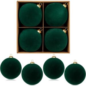 Hollyone 4.72" Green Large Christmas Velvet Ball Ornaments 4Pcs Shatterproof Christmas Tree Ornaments Set Hanging Xmas Balls Decor for Wedding Holiday Wreath Home Decor