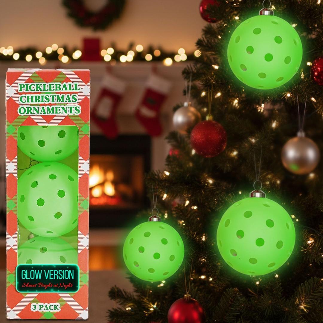 DWATAN Pickleball Glow in The Dark Ornaments, Set of 3, Luminous Green Balls, Sports Christmas Tree Decorations, Unique Pickleball Gifts, Holiday Light Dcor for Players and Fans