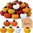 Yaomiao 30 Set Thanksgiving Fall Pumpkin Place Card Holders with Kraft Cards, Resin Mini Pumpkin Name Card Holder for Thanksgiving Table Setting Autumn Party Photo Wedding Decor(Yellow,Orange,White)