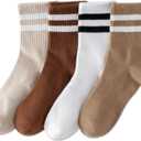 YUWELL Womens Striped Crew Socks, Cotton Cozy Casual Socks for Women 4 Pairs, Size 5-10 (4pairs-white Coffee Brown Beige)