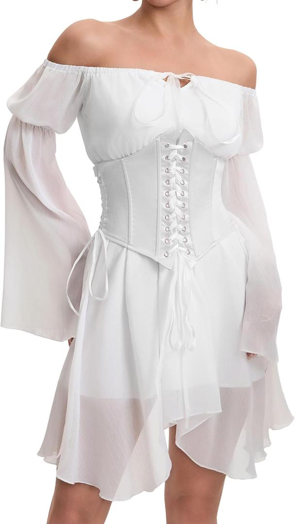 Womens Corset Dresses Off Shoulder Bell Sleeve Casual Party Fairy Two Piece Outfits Bustier Dress, A-white Set(dress+corset) (Small)