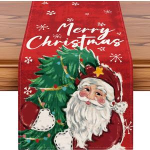 OTOSTAR Christmas Tree and Santa Claus Merry Christmas Table Runner, Xmas Seasonal Winter Holiday Kitchen Dining Table Decoration for Home Party Decor 13x108 Inch (Red) 2 Pack
