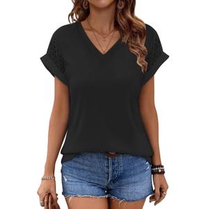 Bliwov Womens Summer Tops V Neck Lace Short Sleeve T Shirts Dressy Casual Business Outfits 2026 Spring Fashion Tee Clothes, XL