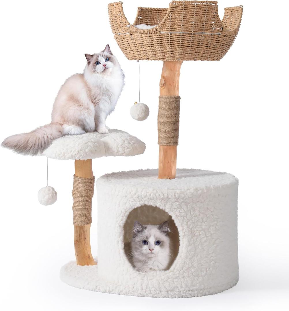 Modern Cat Tree, Aesthetic Wood Cat Tree Tower for Large Cats, Luxury Cat Condo with Scratching Posts and Flower Platforms, Cat Furniture by Easyego, (White) (Standard, Warm White)