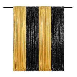 TCBESTO Black Gold Sequin Backdrop Curtain 4 Panels 2FTx8FT Glitter Background Drapes Sparkle Photography Backdrop for Party Wedding Birthday Wall Decoration