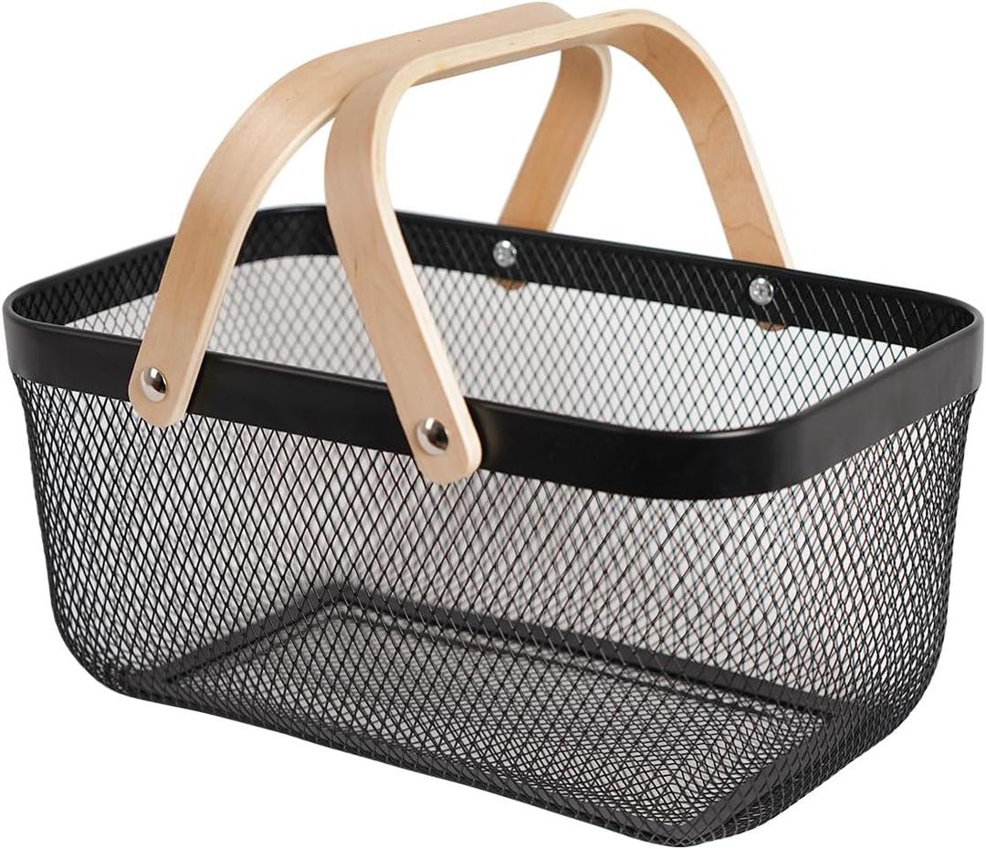 Metal Mesh Steel Harvest Basket, Rectangle Wire Garden Basket with Handle  Multi-Functional Storage Organizer for Gathering Vegetables, Fruits, Kitchen, Garden, Picnic & Cabinet (Ebony)