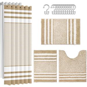 Britimes Beige Bathroom Sets with Shower Curtain and Rugs, Modern Striped Minimalist Style Waterproof Shower Curtain Liner and Soft Non Slip Bath Mat for Bathroom Decor and Accessories Hooks