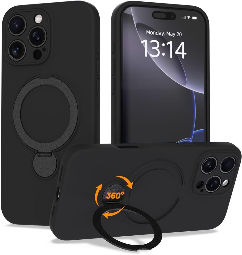 Upgraded 360 Spin for iPhone 17 Silicone case with Invisible Stand, Soft Anti-Scratch Microfiber Lining Inside Phone Cover with Kickstand Rotatable for Women and Men, Black