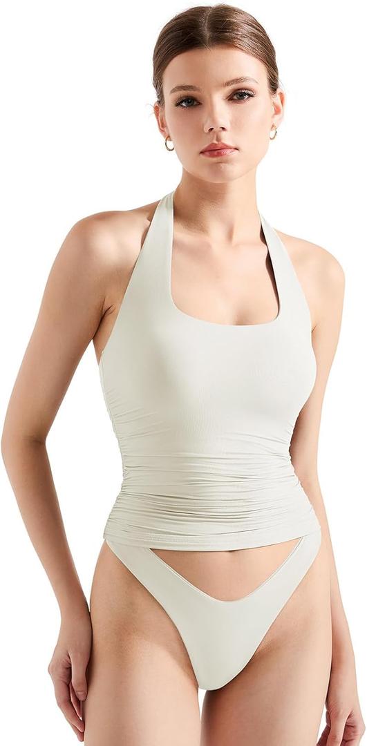 SUUKSESS Women Halter Tank Tops Double Lined Backless Y2K Trendy Going Out Tops (Small, White)