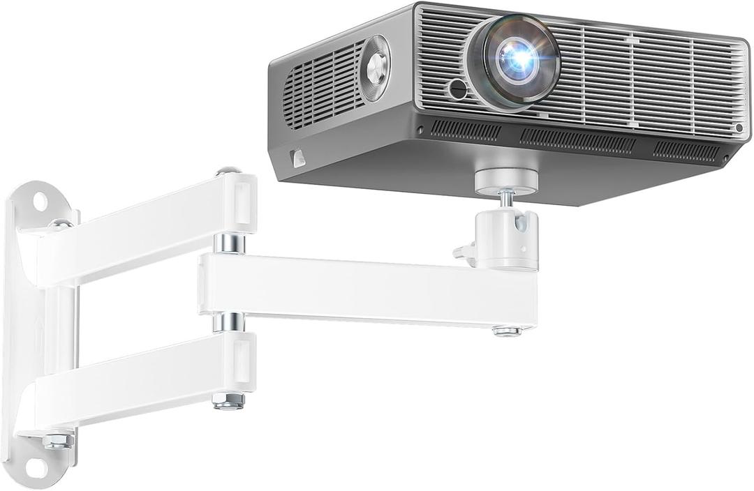 WALI Mini Foldable Projector Wall Mount with 360 Rotating Gimbal, Fully Adjustable Wall/Ceiling Mount Bracket for 1/4" M4 M6 Screw Projectors, Small Projector Holder up to 4.4lbs (1330LM-PMW), White