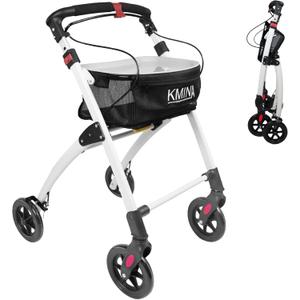KMINA Narrow Walker for Small Spaces, Foldable Walker with Tray and Basket, 4 Wheels and Brakes, Lightweight Indoor Rollator for Seniors, Black, PRO Model