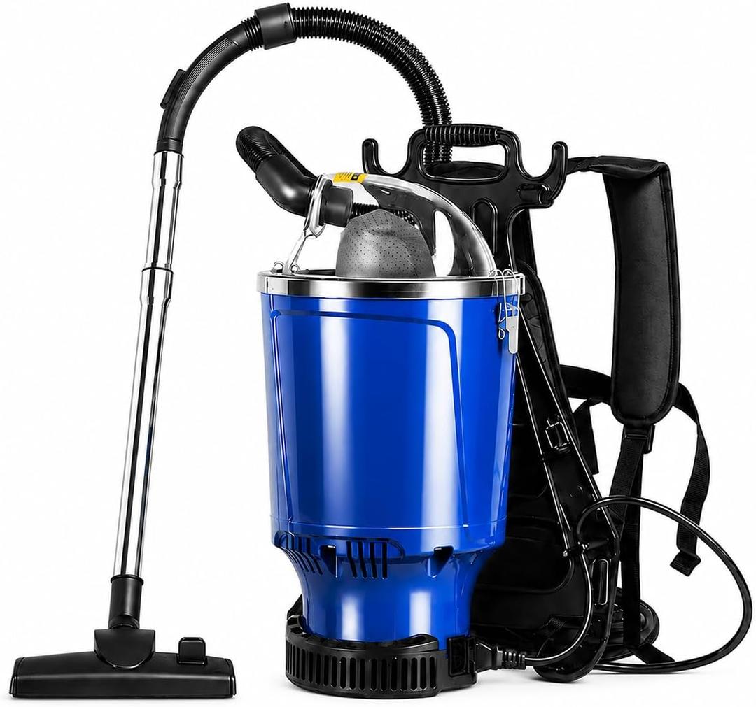 1400W 6 Quart Commercial Backpack Vacuum Cleaner for Stairs, Carpet, Floors
Portable Shoulder Vacuum with 60ft ETL Certified Cord,HEPA Filtration,25KPA Strong Suction Canister Cleaner for Home