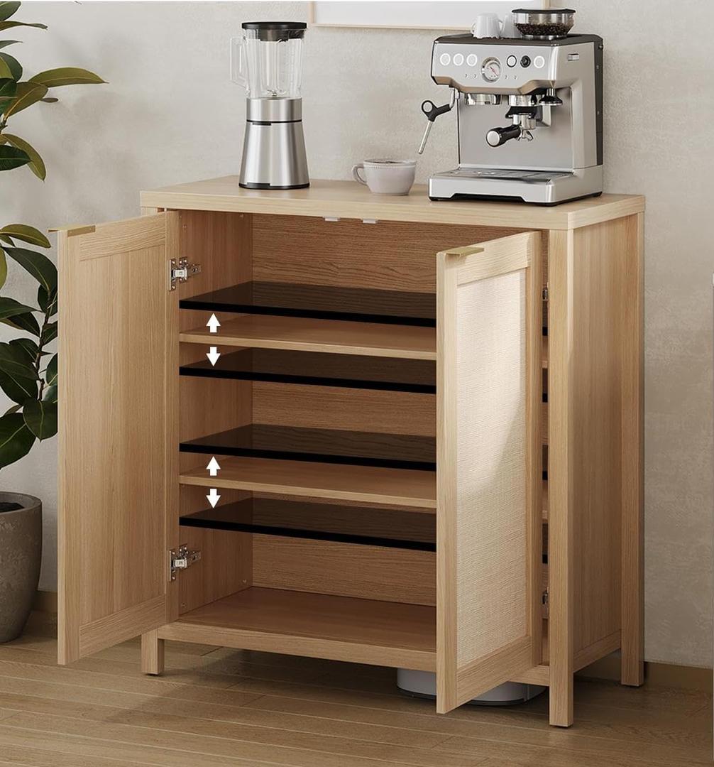 Sideboard Buffet Cabinet Kitchen Storage Cabinet with Rattan Decorated Doors 2 Doors Farmhouse Cupboard Console Table Buffet Cabinets with Adjustable Shelves for Hallway Living Dining Room (Light Oak)