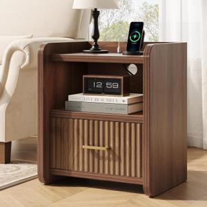 Night Stand with Charger Station - Modern Wood Nightstand with Drawer Storage, Fluted Wide Nightstands Bedside Table, Mid Century Night Stands for Bedroom Home Office Sofa, Walnut, 20"W x 15.4"D x 23.6"H