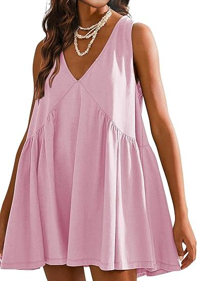 Sleeveless Mini Dress for Women 2025 Summer Casual V Neck Sundress Loose Babydoll Dress with Pockets, XL