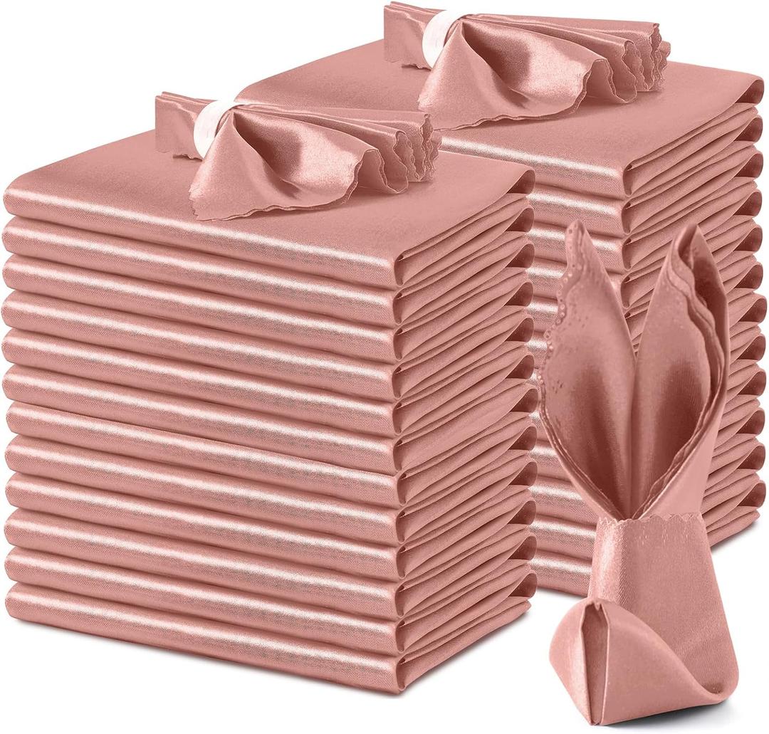 VACVELT 24 Pack Rose Gold Satin Napkins - 17x17 Inch Scalloped Wedding Dinner Napkins for Restaurant Banquet Graduation Party