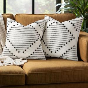 Mecatny Boho Indoor Outdoor Throw Pillow Covers 18X18 Set of 2, Farmhouse Decorative Pillow Covers for Couch Sofa Living Room, Black & Cream White