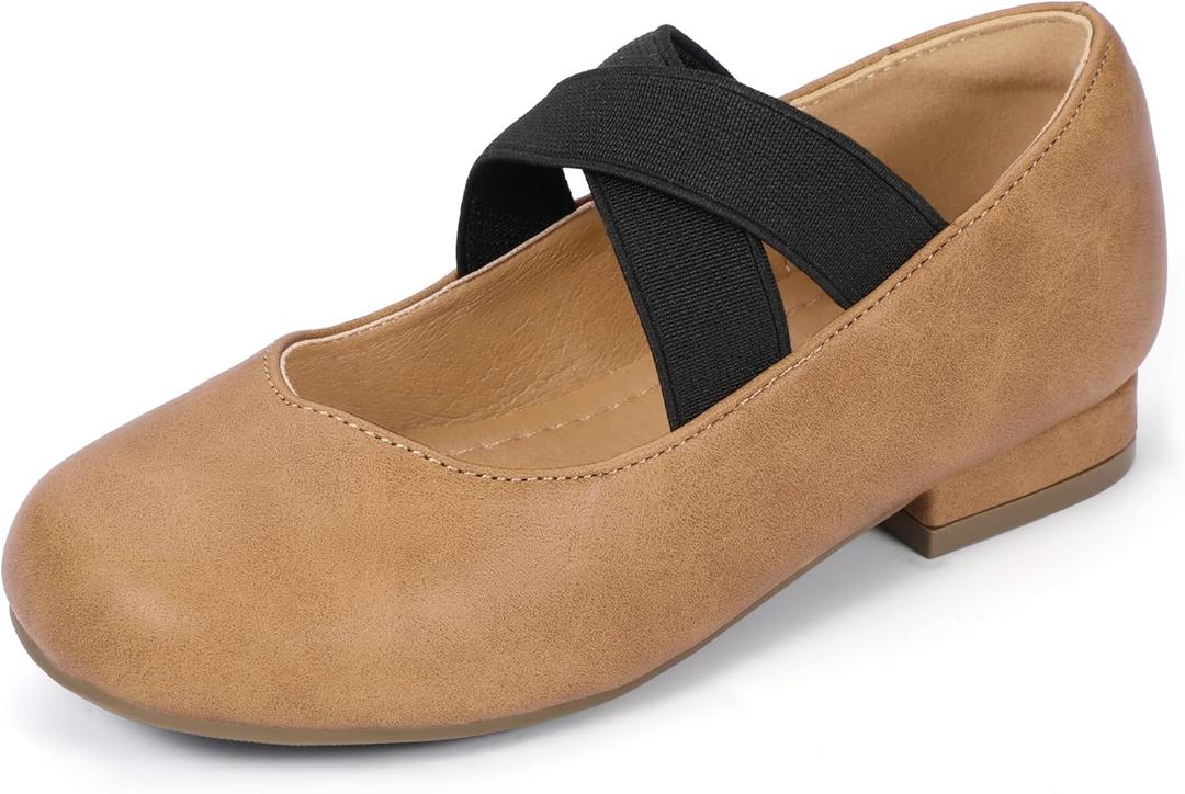PANDANINJIA Girls Dress Shoes Ballet Flats Mary Jane Elastic Cross Strap Little Big Kid Low Heels Flower Girl Shoes (Brown Pu) US 5 BIG KID
