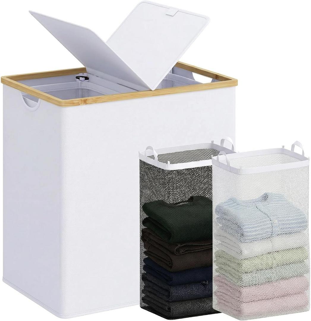 efluky Laundry Hamper with Lid, Double Laundry Basket with 2 Removable Bags, 2 Section Laundry Bin with Bamboo Handles for Bathroom, Bedroom & Laundry Room, 140L (36.9 Gallon) White, 140L Dual