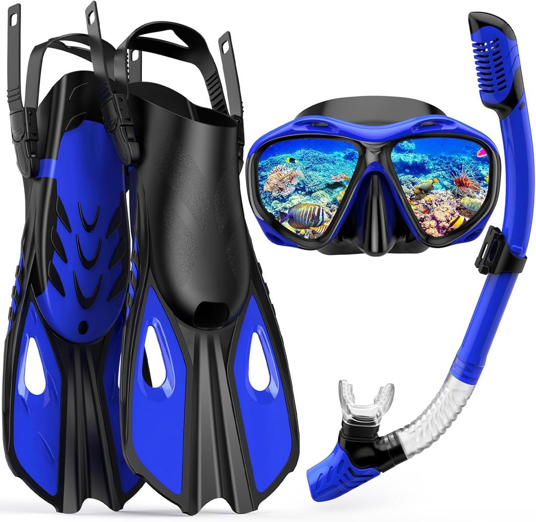 Mask Fin Snorkel Set, Travel Size Snorkeling Gear for Adults with Panoramic View Anti-Fog Mask, Fins, Dry Top Snorkel for Swimming Training, Snorkeling Kit Diving Packages (Blue, L/XL)
