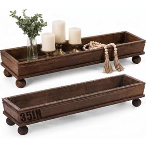 35.5 Inch Long Wooden Decorative Tray with Riser for Table Centerpiece, 35.43 x 8.66 x 6.5 inches