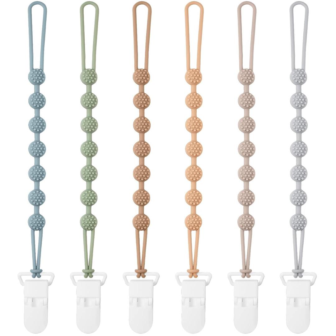 Baby Pacifier Clip, 6 Pack Silicone Pacifier Holder with One Piece Design for Baby Boy and Girl, BPA Free Soft Flexible Paci Binky Clips (Grey)