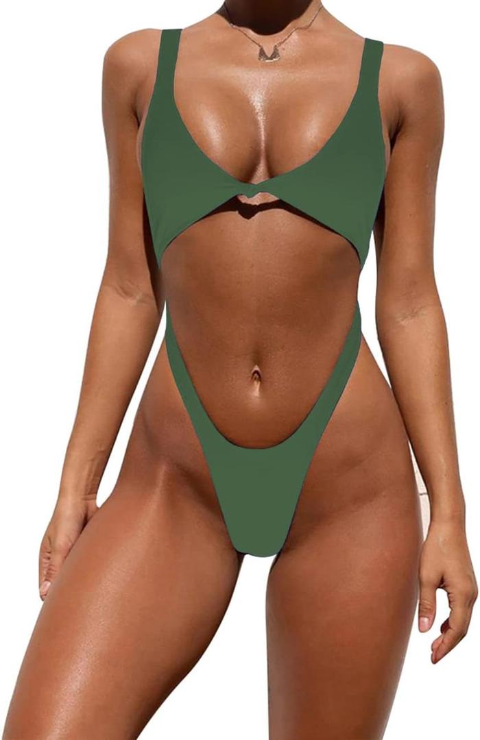 Tainehs Womens Sexy One Piece Bikini Swimsuits High Cut Cheeky Swimwear Thong Bottoms Bathing Swimsuits (Army Green), XS