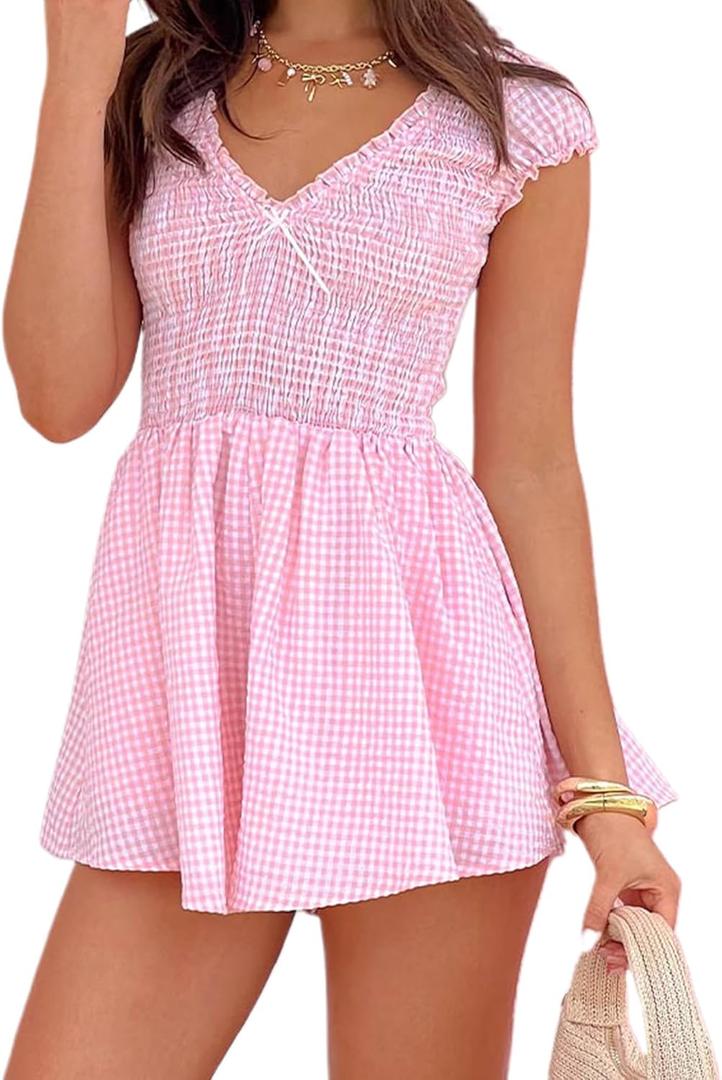 Women Summer Gingham Mini Dress Short Sleeve Deep V Neck Smocked Jumpsuit Romper Dress Plaid Babydoll Dress (Pink, M)