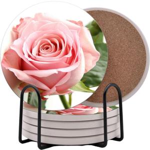 Roses Pink Rose Round Coasters Set of 6 - Abosrbent Ceramic Coasters with Metal Stand for Drinks, Coffee, Non-Slip Cork Back for Tabletop Protection, 4 Inches (Pink)
