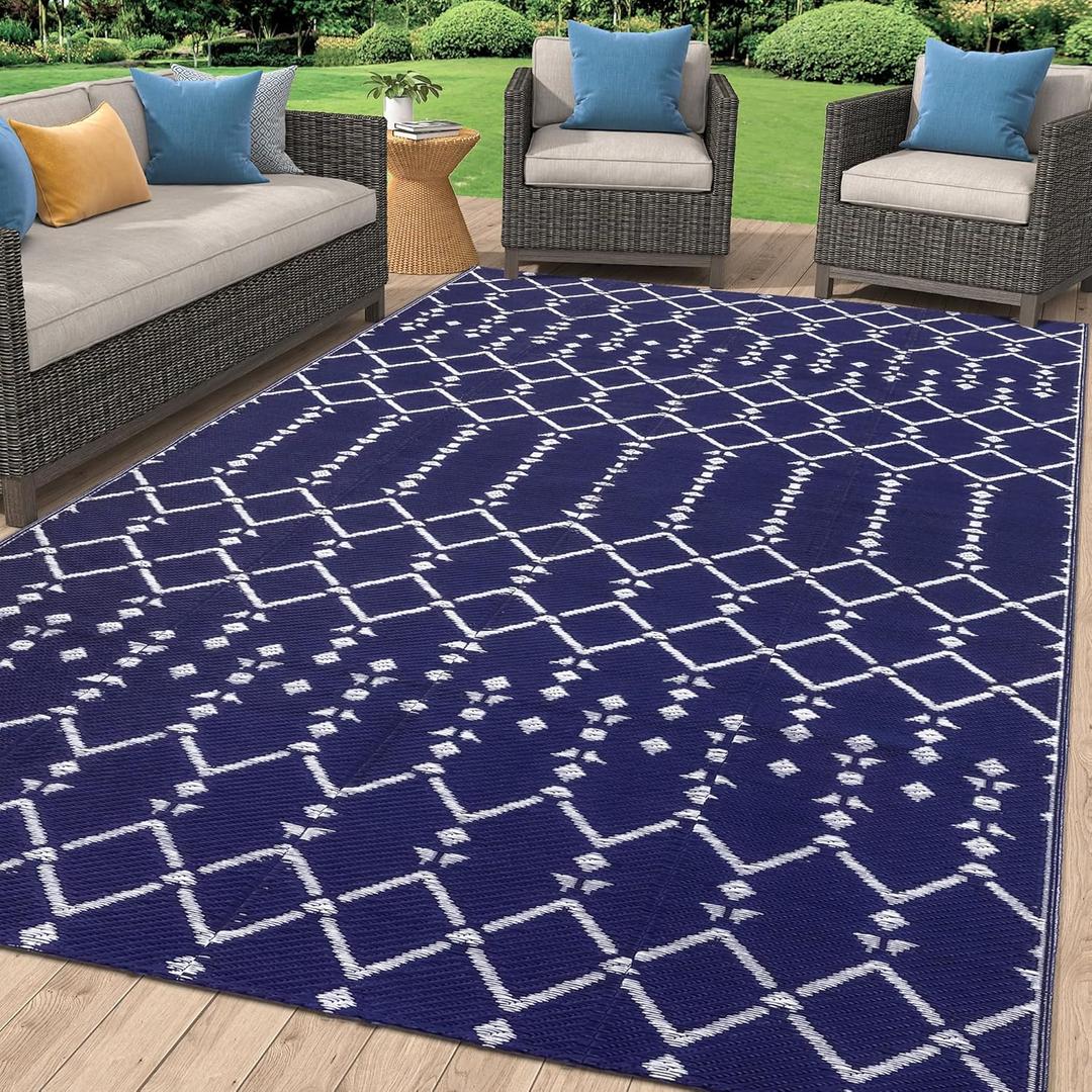 Smiry Outdoor Rug 6x9 ft, Waterproof Reversible Plastic Straw Rugs, Boho Outdoor Area Rug, Outside Floor Mat for Patio, Backyard, Deck, Picnic, Beach, Camping, Navy