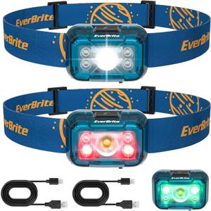 EverBrite Rechargeable Headlamp, 2 Pack Kids Headlamp with White/Red/Green Light and Memory Function, Head Lamp for Adult and Kid with 5 Modes, 120 Adjustable LED Headlamp for Camping, Running-Blue