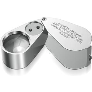 Leffis 40X Jewelers Loupe Magnifier Magnifying Glasses, LED/UV Illuminated Jewelry Loop Pocket Folding Magnifying Glass with Metal Construction for Close Work, Gardening, Kids, Stamp, Rock Collecting (1 Pack)