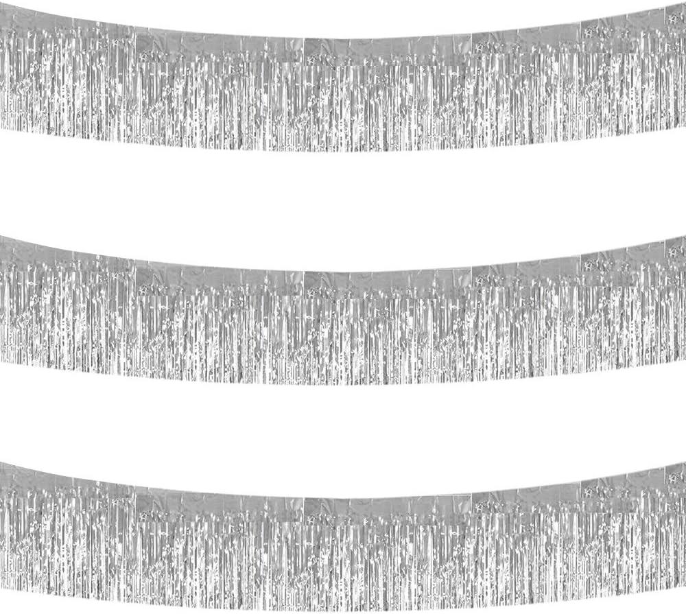 BEISHIDA 3 Packs 30 Feet Metallic Foil Fringe Garland Tinsel StreamersShiny Silver Wall Hanging Tinsel Fringe Banners for Wedding Birthday Party Decoration Halloween Christmas New Year