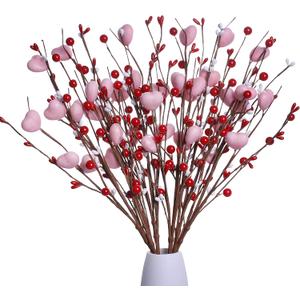 J'FLORU Valentines Day Decorations 6 Pack Valentines Day Picks Berry Stems with Pink Hearts for Valentine Decor Anniversary Wedding Decorations (Red/Pink)