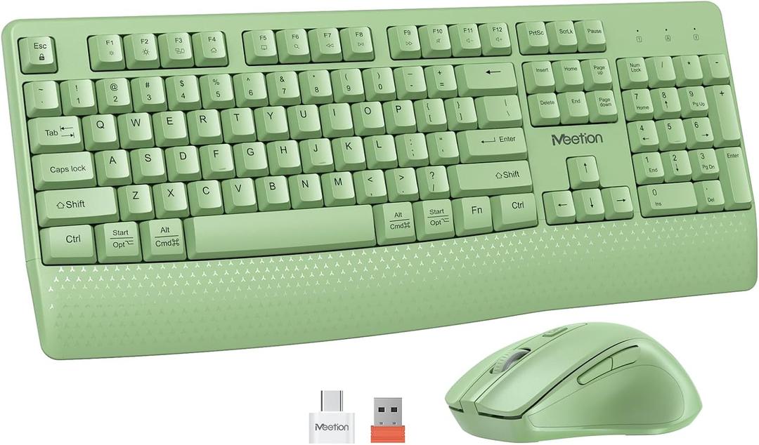 MEETION Wireless Keyboard and Mouse, Full-Sized Cordless Keyboard with Wrist Rest and 3 DPI Adjustable Mouse, 2.4G Wireless, Compatible with PC/Computer/Laptop/Windows/Mac, Green