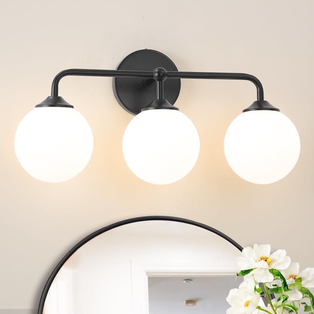 Black Bathroom 3-Lights Vanity Light Fixtures, Minimalist Vanity Lights with Milky White Glass Shade, Modern Wall Sconces over Mirror, Wall Lamp for Bathroom Dressing Table Bedroom Living Room