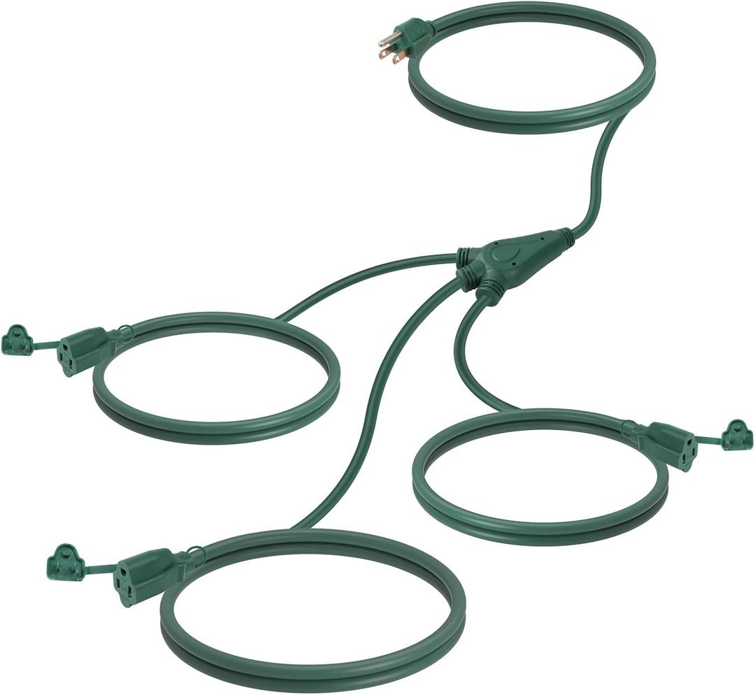 EP Outdoor Extension Cord 1 to 3 Splitter, Max 6ft End to End (12FT Total), 3 Prong Outlets Plugs, 16/3 SJTW Weatherproof Wire for Christmas Landscape String Lights, Green