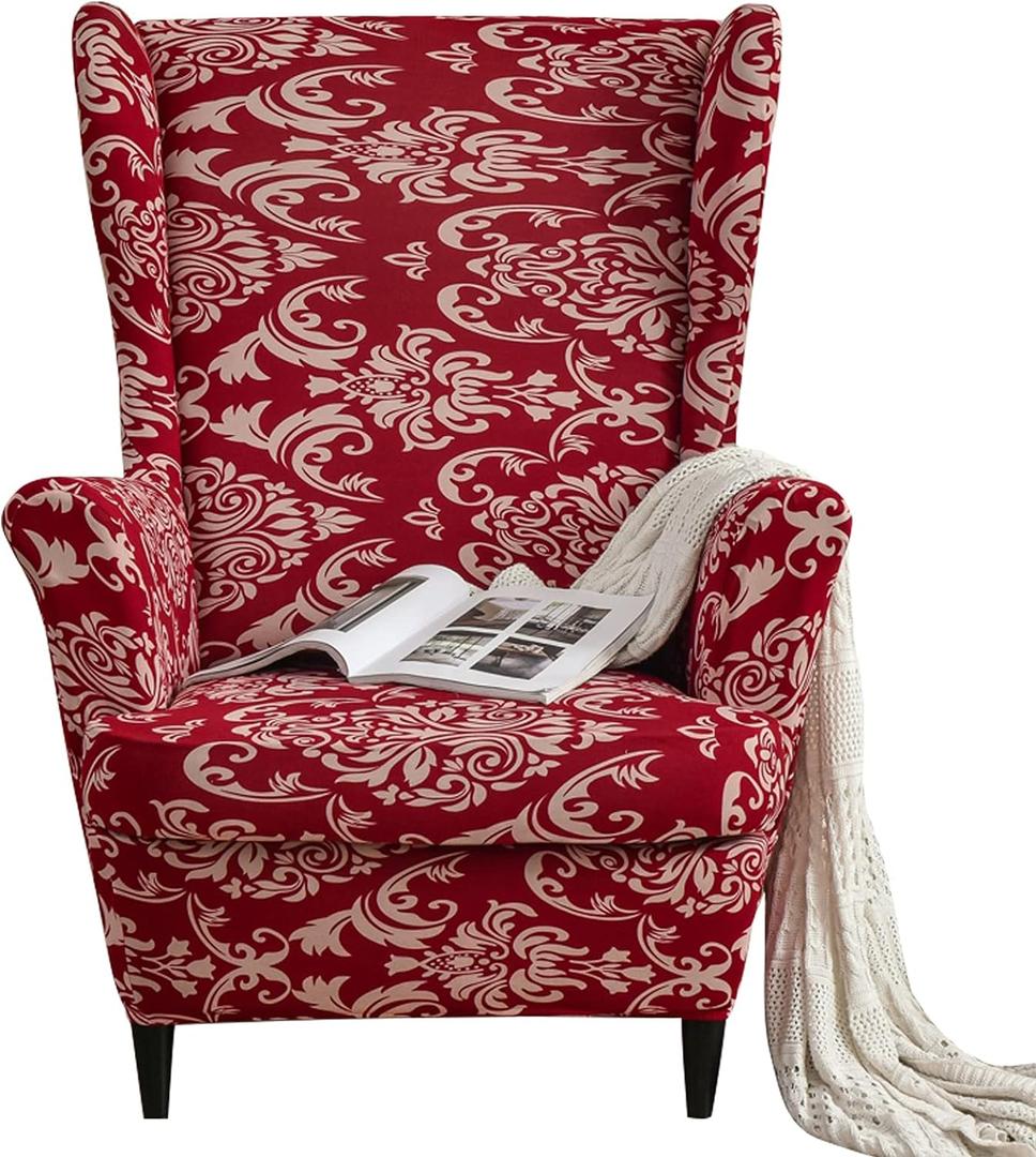 Wingback Chair Cover, Stretch Spandex Wing Chair Slipcovers 2 Piece, Wingback Armchair Sofa Slipcover Super Soft Fabric Furniture Protector with Elastic Bottom for Living Room Bedroom Hotel (Spandex, No11 Wine)