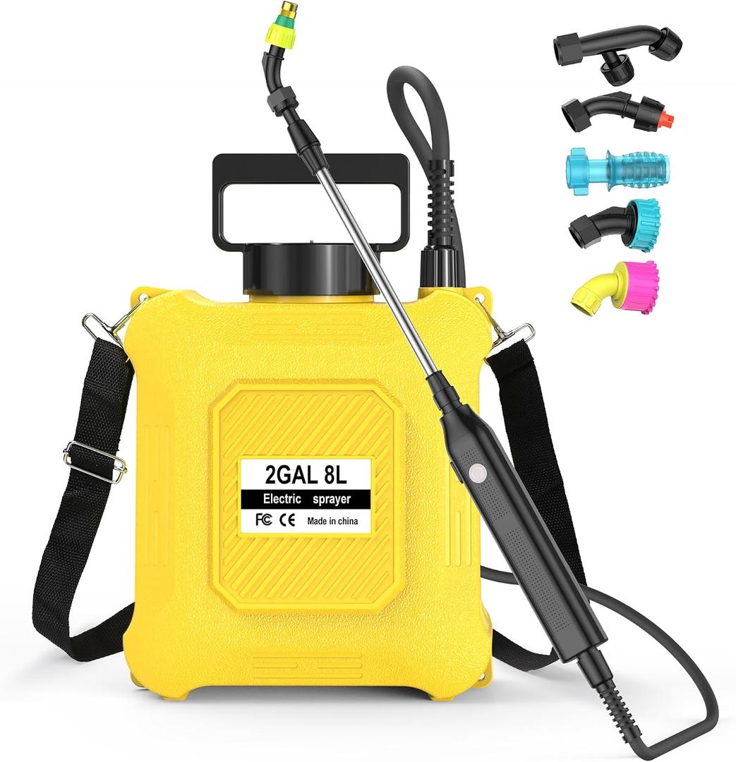 Upgraded 2-Gallon Battery Sprayer Used for Fertilizer, Pesticides, Weeds & Pests, USB Charging, 6 Nozzles, 2 Speeds, Retractable Wand, Adjustable Shoulder Strap (Yellow)