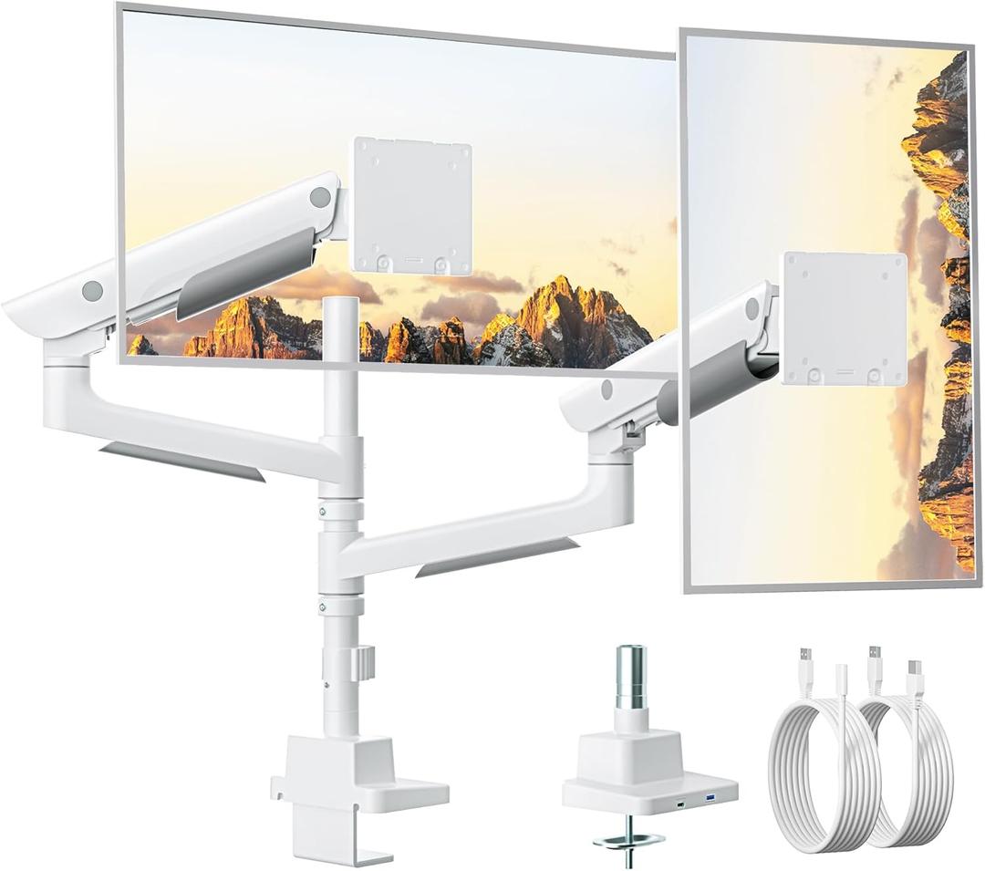 monTEK Sleek Aluminum Monitor Arm for 1757 Ultrawide Screens up to 59 lbs, USB 3.0 A/C, Heavy Duty Dual Monitor Arm Desk Mount, Pneumatic Lift, Quick-Release Plate, Clamp/Grommet, max VESA 100x100 (White)